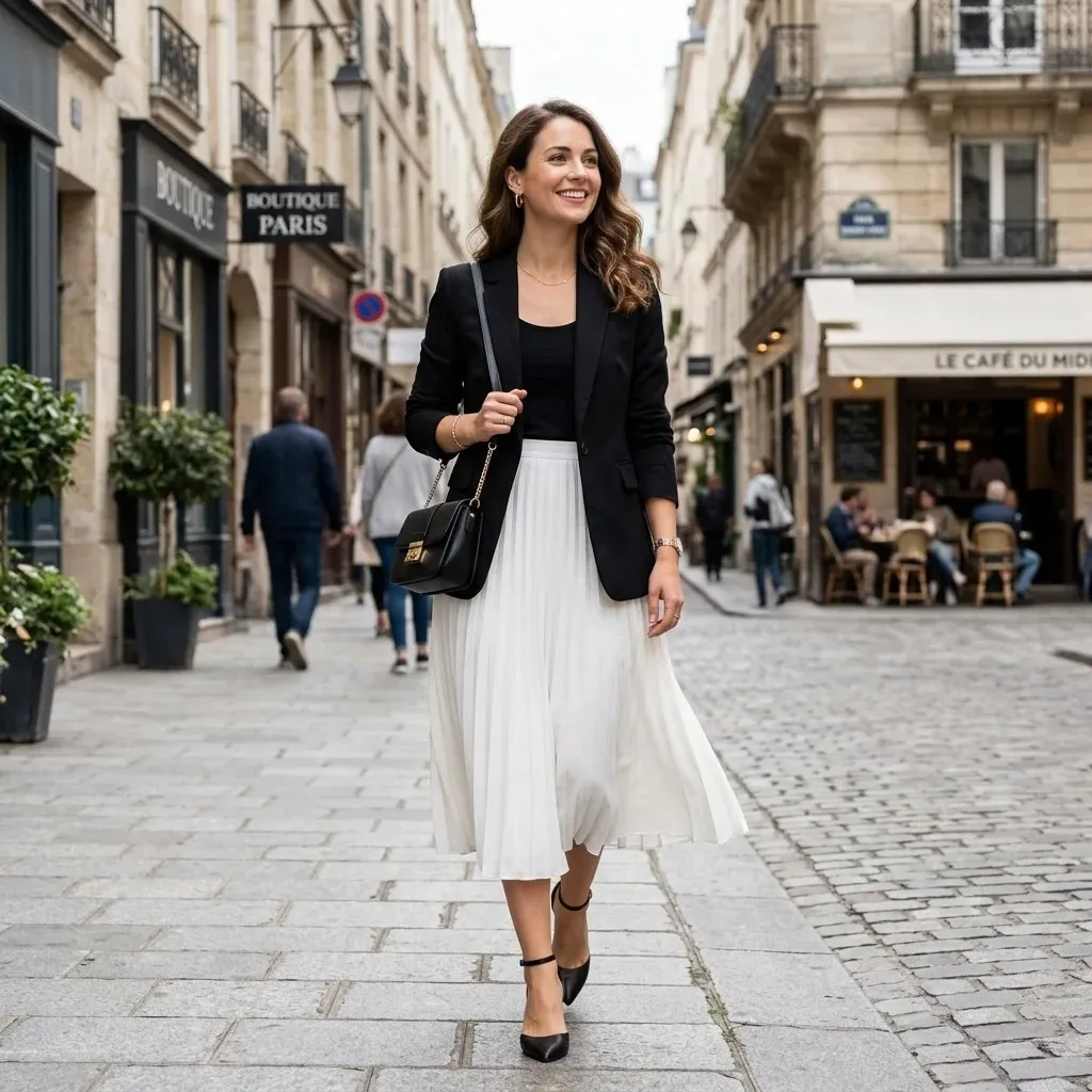 17 White Skirt Outfit Ideas That Make You Look Effortlessly Expensive 18 White Midi Skirt Black Blazer