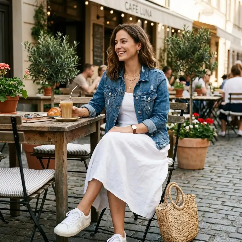 17 White Skirt Outfit Ideas That Make You Look Effortlessly Expensive 5 White Midi Skirt Denim Jacket