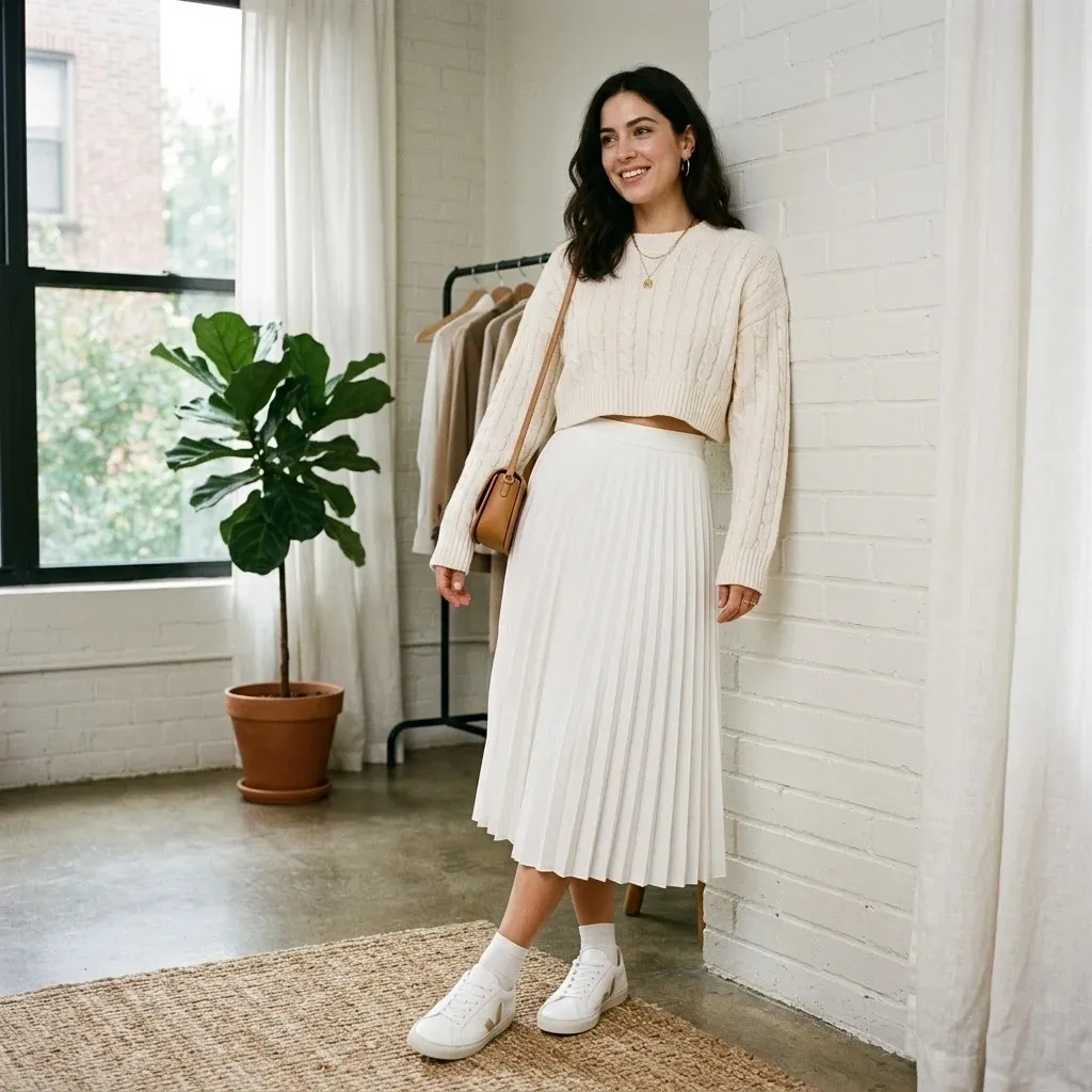17 White Skirt Outfit Ideas That Make You Look Effortlessly Expensive 8 White Pleated Skirt Cropped Sweater