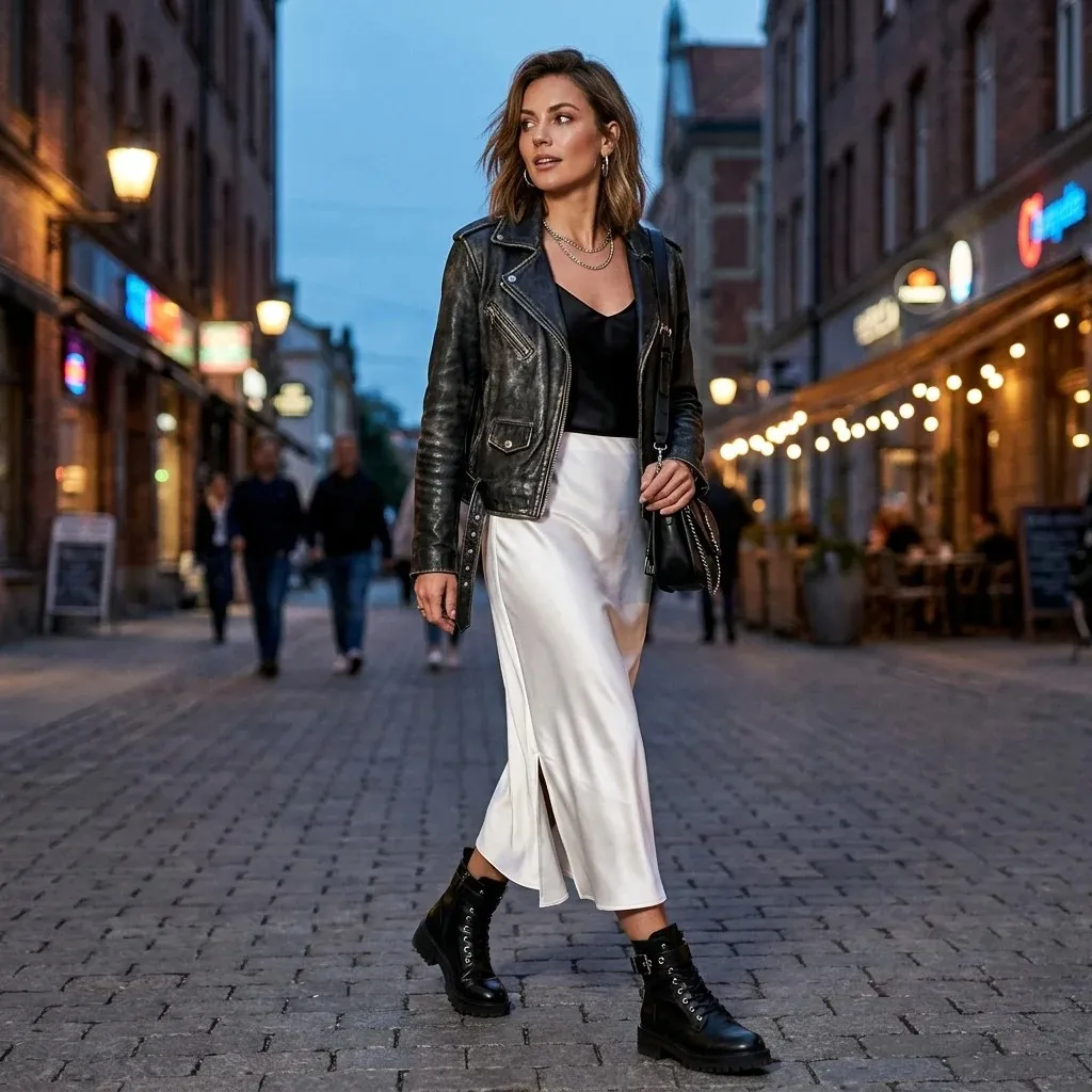 17 White Skirt Outfit Ideas That Make You Look Effortlessly Expensive 9 White Slip Skirt Leather Jackets
