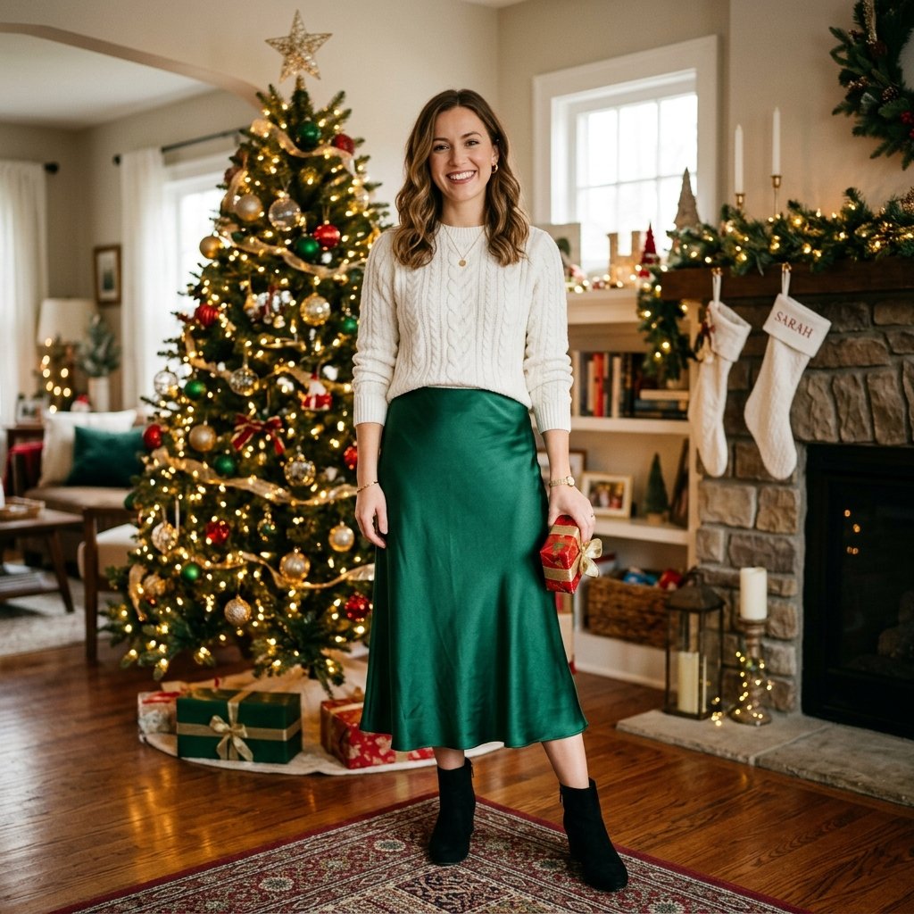18 Christmas Outfit Ideas That’ll Have You Looking Festive Without Trying Too Hard 7 White Sweater Satin Midi Skirt
