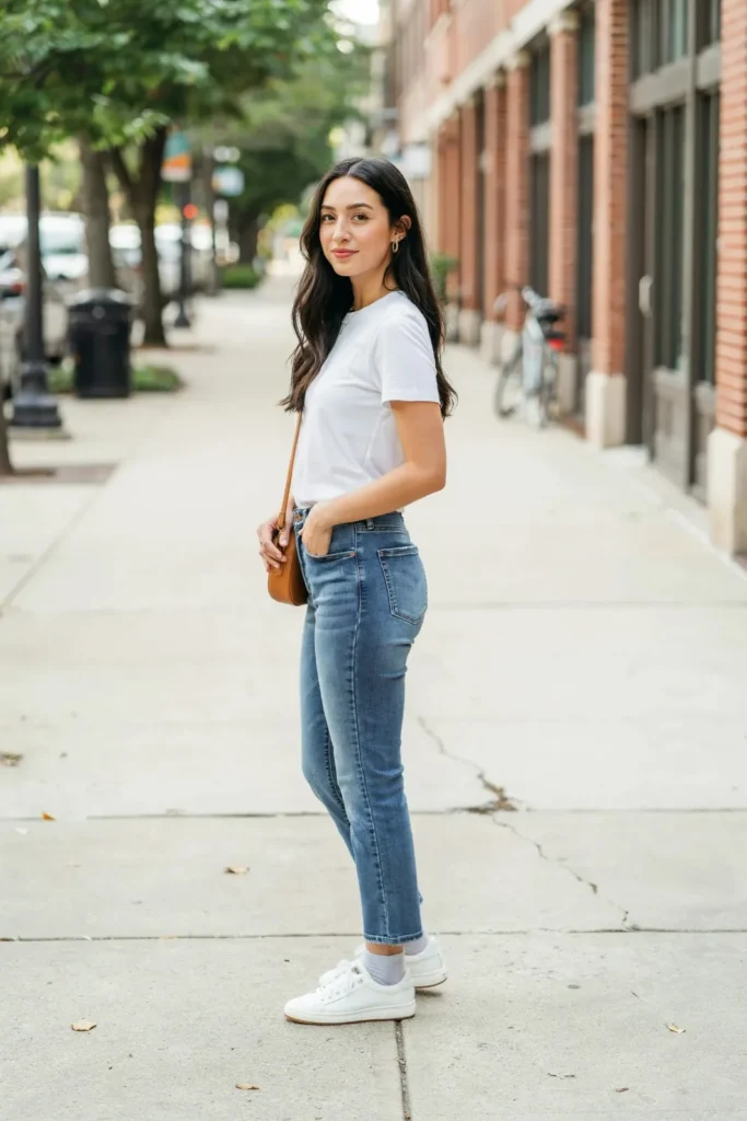 18 Casual Outfit Ideas That Look Effortless, Stylish, and Secretly Put-Together 2 White Tee Straight Leg Jeans Sneakers 1