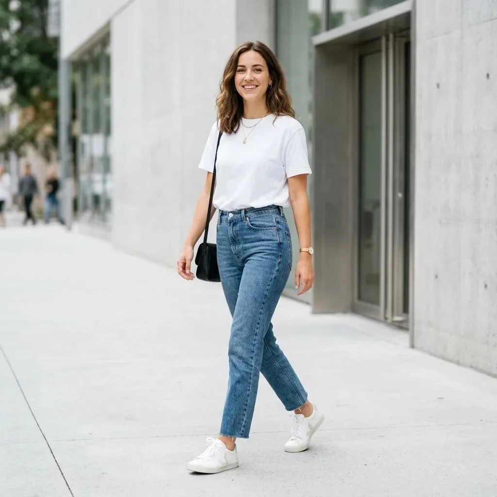 15 Jeans Outfit Ideas That Make Getting Dressed Way Too Easy 2 White Tee Straight Leg Jeans Sneakers