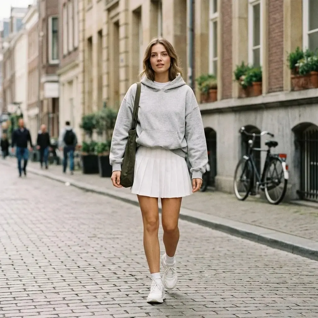 17 White Skirt Outfit Ideas That Make You Look Effortlessly Expensive 4 White Tennis Skirt Oversized Hoodie