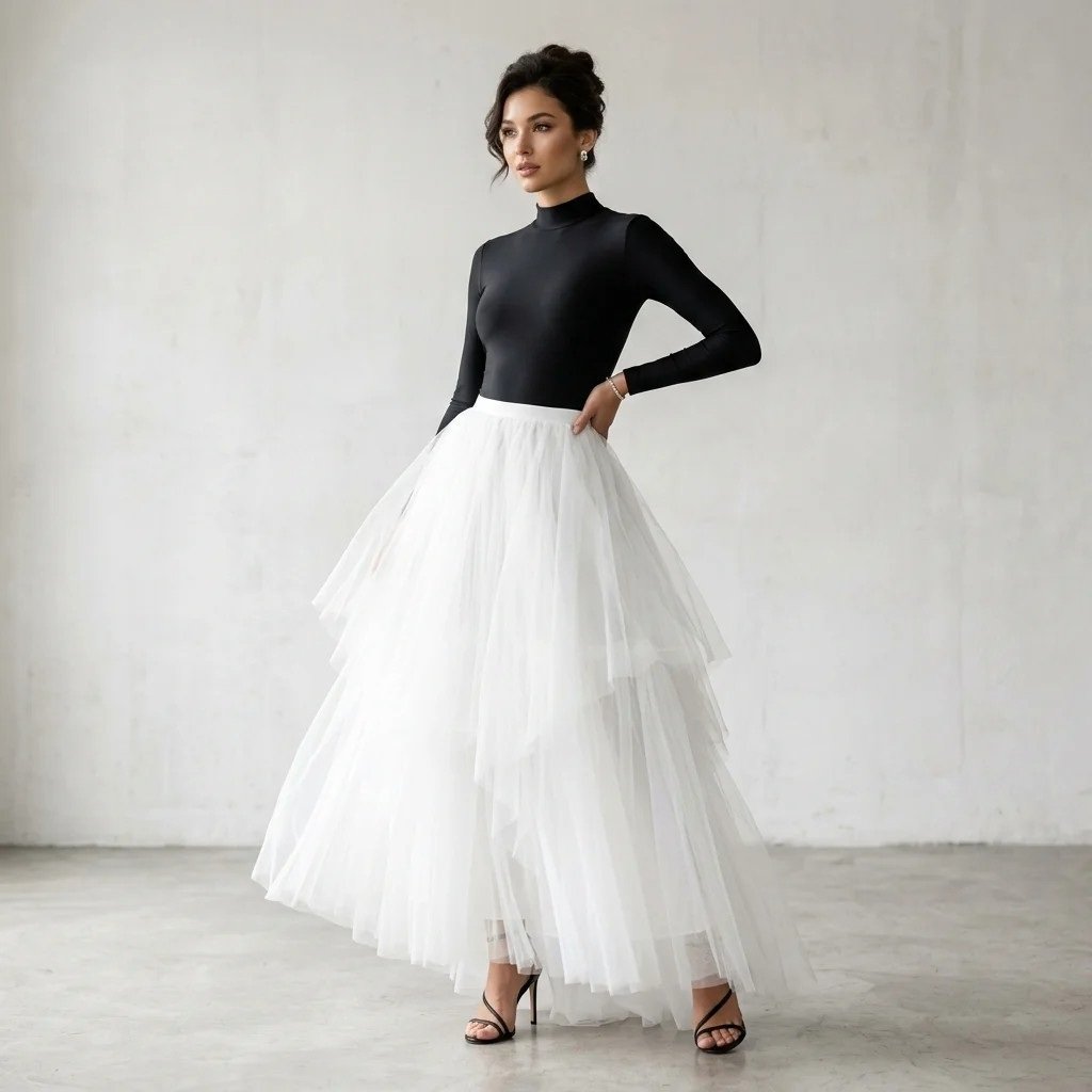 17 White Skirt Outfit Ideas That Make You Look Effortlessly Expensive 14 White Tulle Skirt Fitted Bodysuit