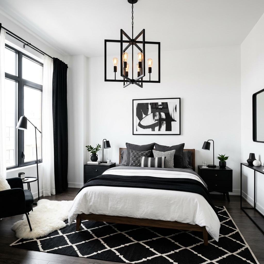 18 Black and White Bedroom Ideas That Look Straight Out of a Pinterest Dream 12 White Walls With Bold Black Lighting 2