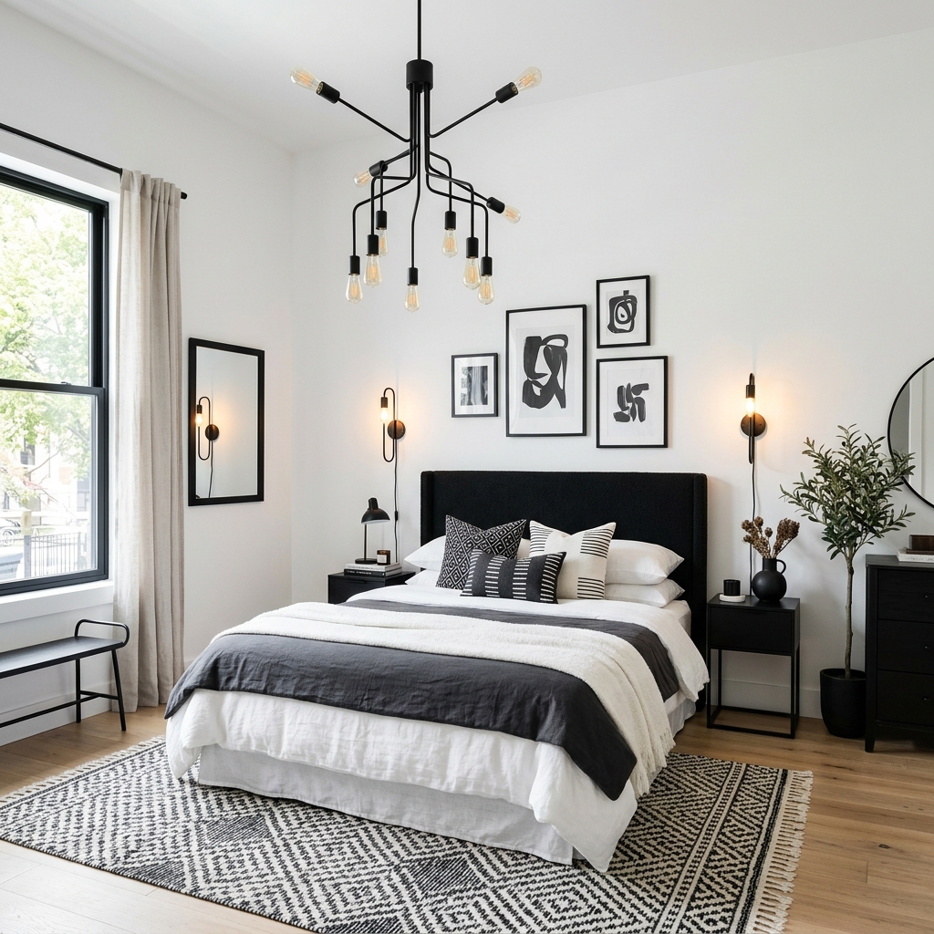 18 Black and White Bedroom Ideas That Look Straight Out of a Pinterest Dream 14 White Walls With Bold Black Lighting