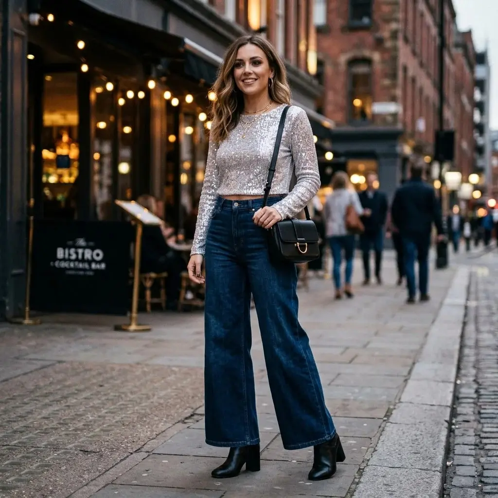 16 Party Outfit Ideas That Make You Look Instantly Cool Without Trying Too Hard 2 Wide Leg Jeans Sparkly Top