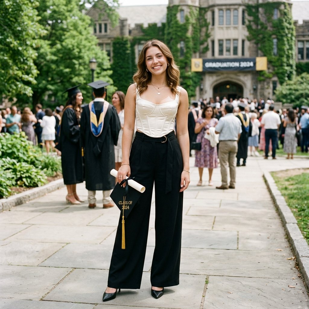 16 Graduation Outfit Ideas That’ll Have You Looking Expensive in Every Cap-and-Gown Photo 3 Wide Leg Trousers Corset Top