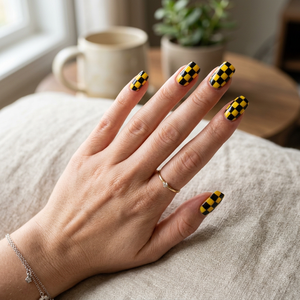 17 Yellow Summer Nails Ideas That Will Instantly Make Your Hands Look Expensive (Yes, Really) 14 Yellow Checkerboard Nails