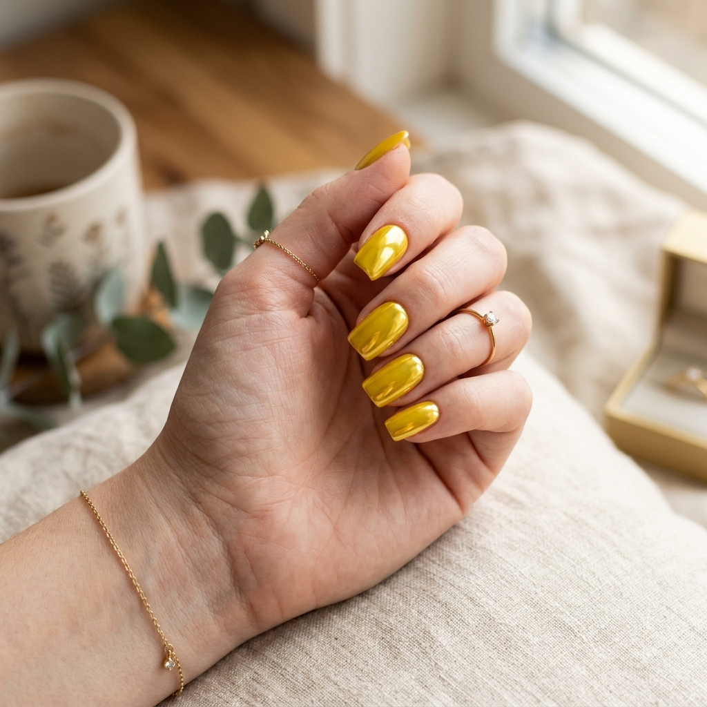 17 Yellow Summer Nails Ideas That Will Instantly Make Your Hands Look Expensive (Yes, Really) 10 Yellow Chrome Nails