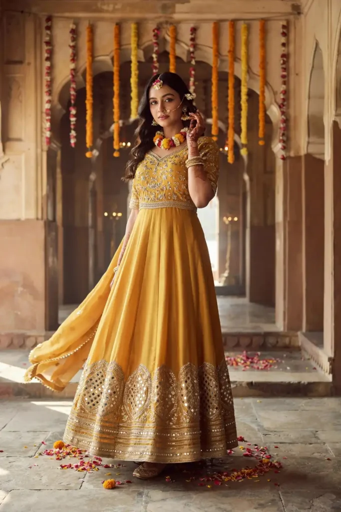 19 Mehndi Outfit Ideas That Bring Main Character Energy Without Trying Too Hard 20 Yellow Lehenga Floral Jewelry
