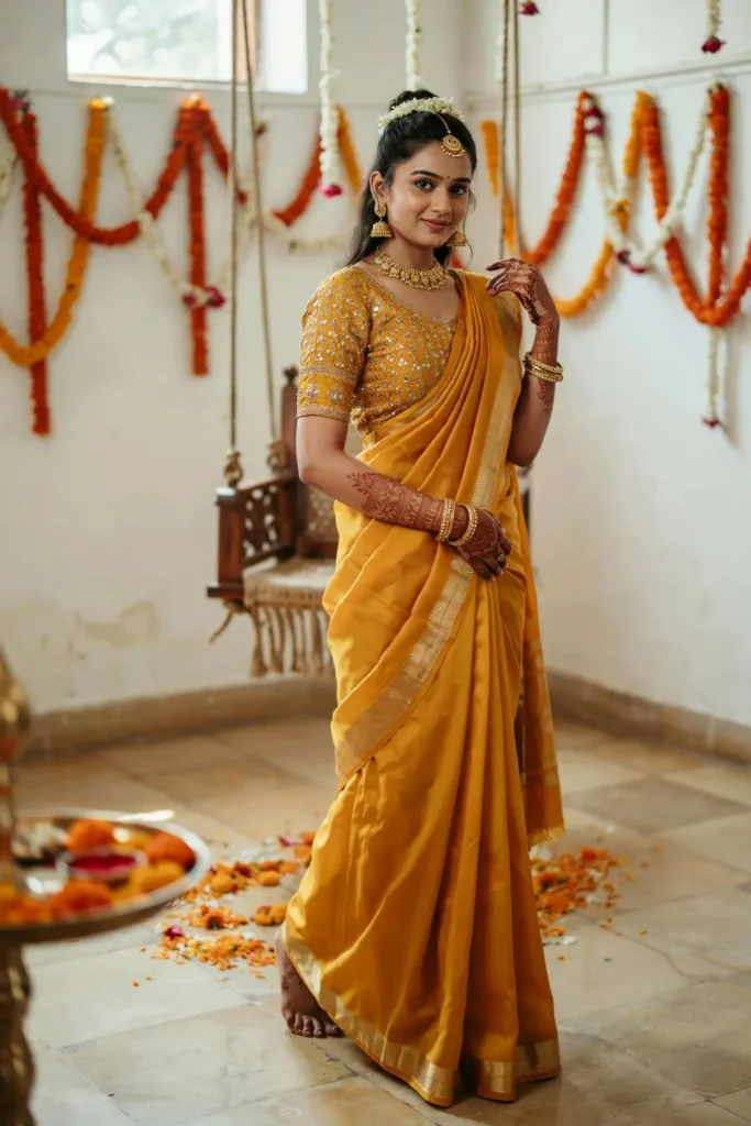 19 Mehndi Outfit Ideas That Bring Main Character Energy Without Trying Too Hard 14 Yellow Saree Embellished Blouse