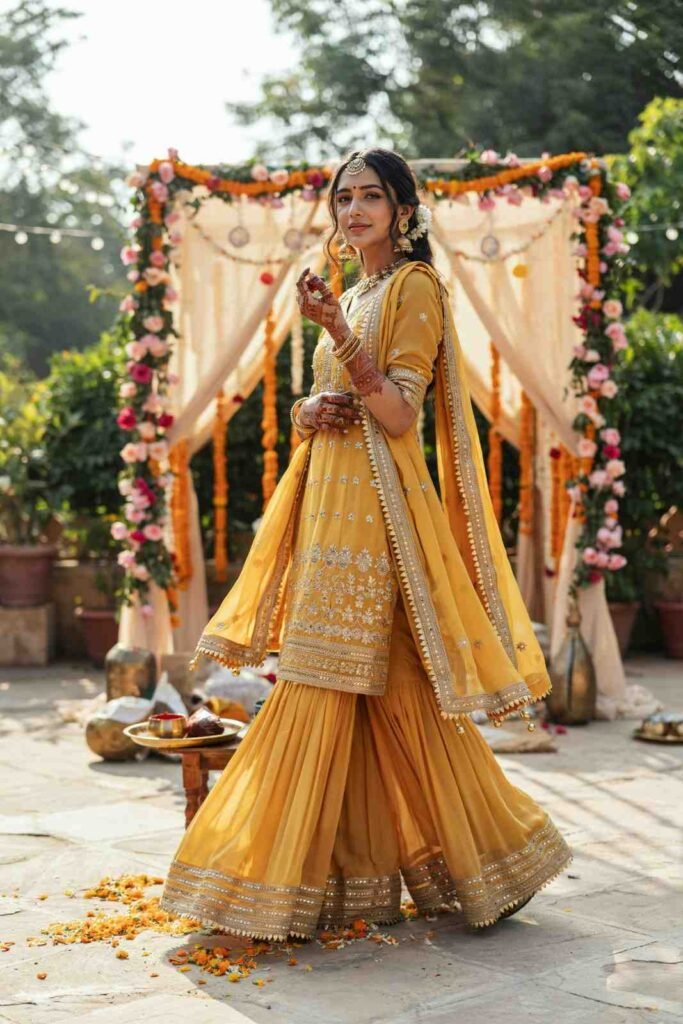 19 Mehndi Outfit Ideas That Bring Main Character Energy Without Trying Too Hard 2 Yellow Sharara Gota Dupatta