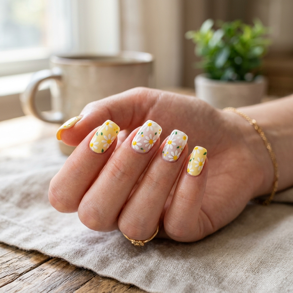 17 Yellow Summer Nails Ideas That Will Instantly Make Your Hands Look Expensive (Yes, Really) 8 Yellow White Daisy Nails