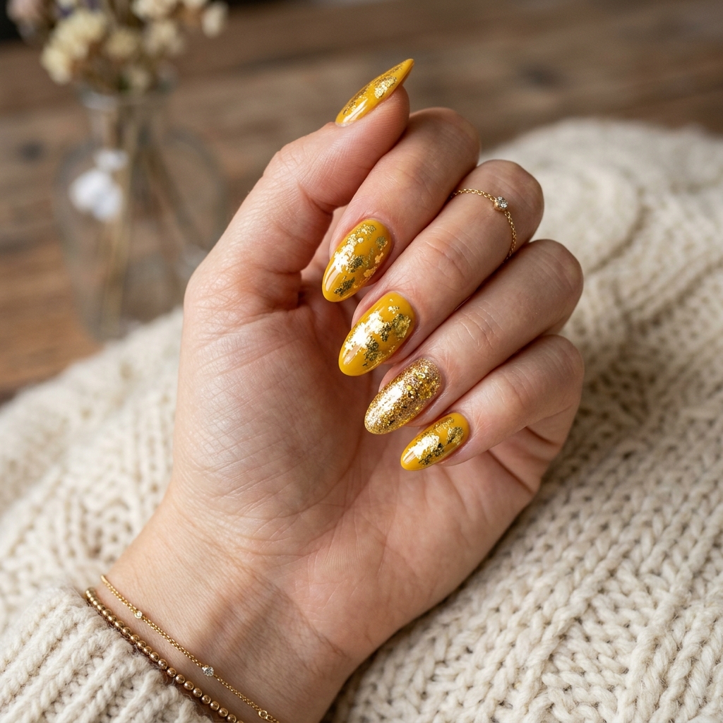 17 Yellow Summer Nails Ideas That Will Instantly Make Your Hands Look Expensive (Yes, Really) 13 Yellow and Gold Foil Nails