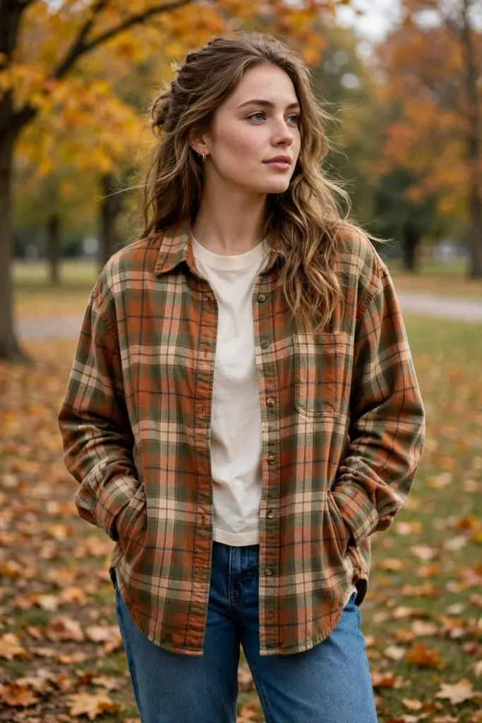 fall 02 plaid shacket tee jeans