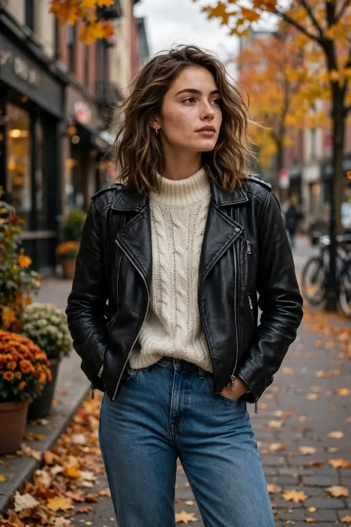 fall 05 leather jacket sweater jeans