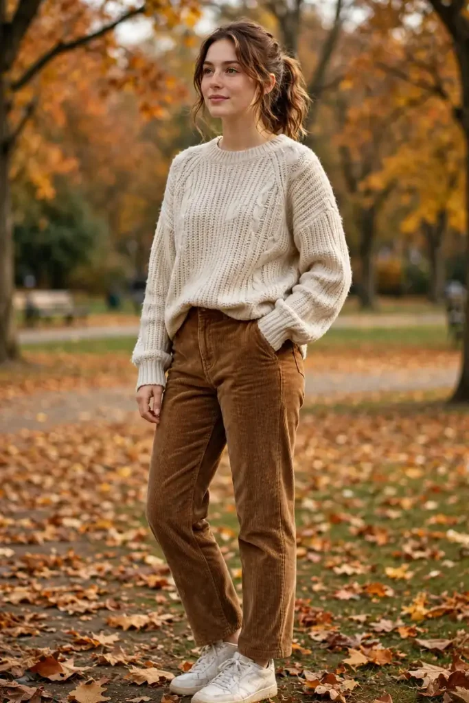 fall 10 corduroy pants sweater sneakers