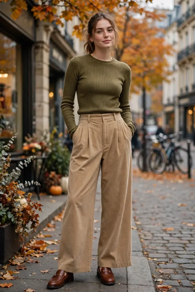 fall 15 wide leg trousers fitted sweater loafers