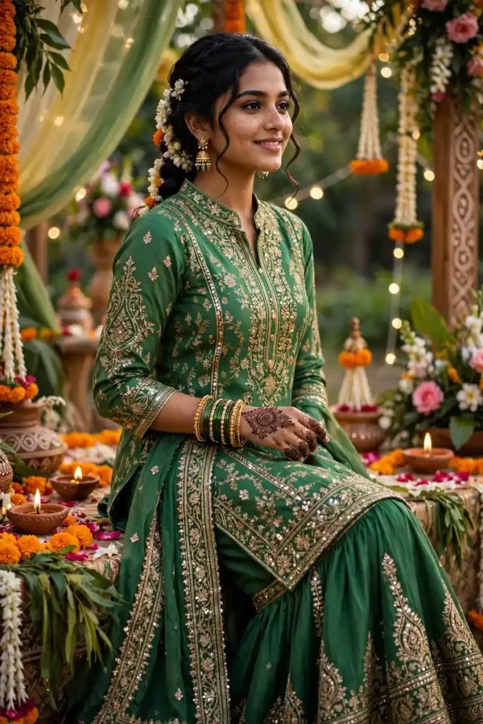 meh 17 green kurta sharara set