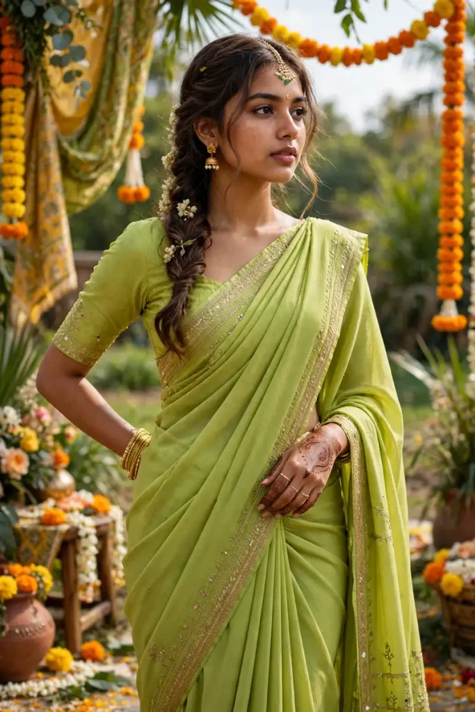 meh 19 lime green pre draped saree
