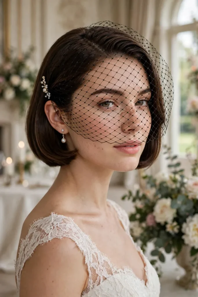 17 Wedding Hairstyles for Short Hair, Matched to Your Wedding Style 2 wedshort 01 sidepart bob birdcage veil