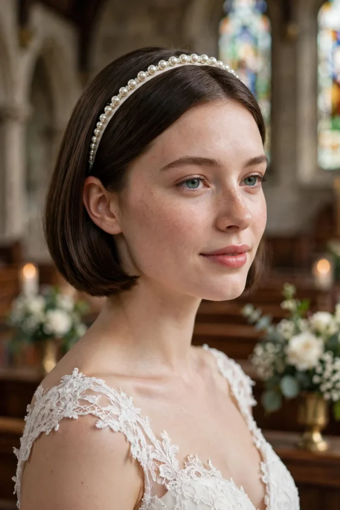 17 Wedding Hairstyles for Short Hair, Matched to Your Wedding Style 3 wedshort 02 smooth bob pearl headband