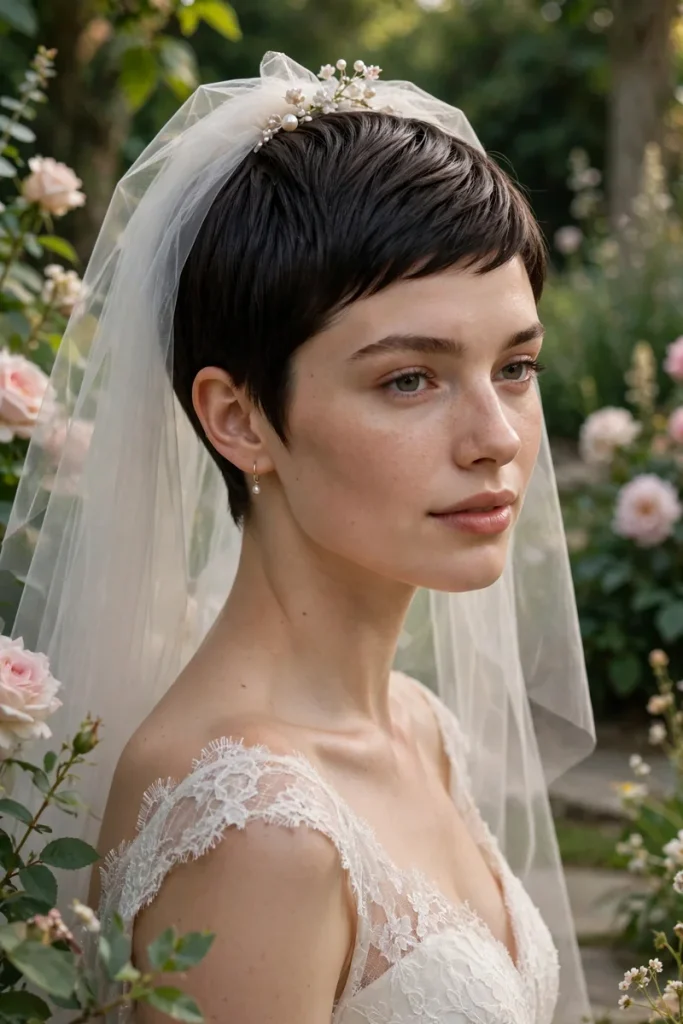 17 Wedding Hairstyles for Short Hair, Matched to Your Wedding Style 4 wedshort 03 sleek pixie veil crown