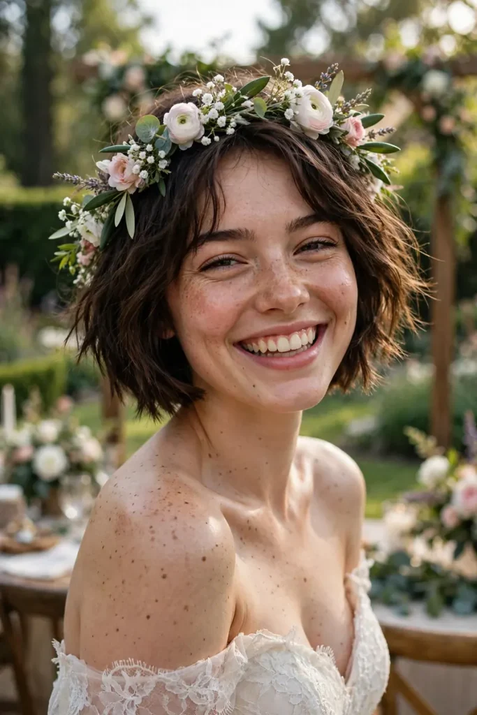 17 Wedding Hairstyles for Short Hair, Matched to Your Wedding Style 5 wedshort 04 textured bob flower crown