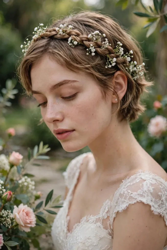 17 Wedding Hairstyles for Short Hair, Matched to Your Wedding Style 6 wedshort 05 braided headband babys breath