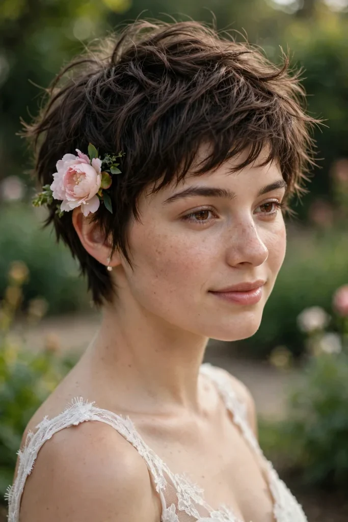 17 Wedding Hairstyles for Short Hair, Matched to Your Wedding Style 7 wedshort 06 tousled pixie single bloom