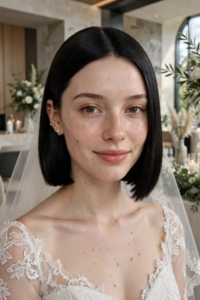 17 Wedding Hairstyles for Short Hair, Matched to Your Wedding Style 8 wedshort 07 glass sleek blunt bob