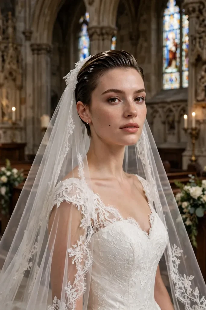17 Wedding Hairstyles for Short Hair, Matched to Your Wedding Style 9 wedshort 08 slicked back pixie cathedral veil