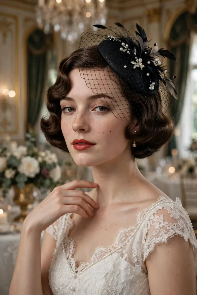 17 Wedding Hairstyles for Short Hair, Matched to Your Wedding Style 10 wedshort 09 fingerwave bob fascinator