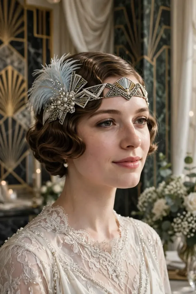 17 Wedding Hairstyles for Short Hair, Matched to Your Wedding Style 12 wedshort 11 soft waves 1920s headpiece