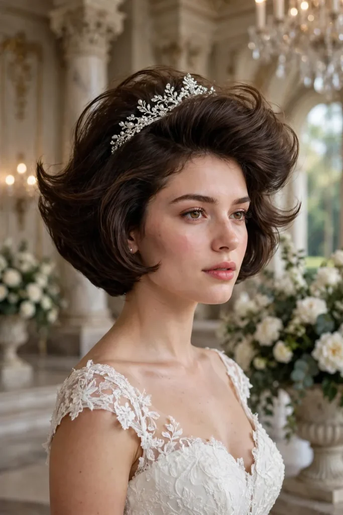 17 Wedding Hairstyles for Short Hair, Matched to Your Wedding Style 13 wedshort 12 voluminous blowout tiara