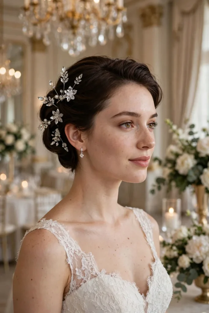 17 Wedding Hairstyles for Short Hair, Matched to Your Wedding Style 14 wedshort 13 tucked faux updo crystal pins