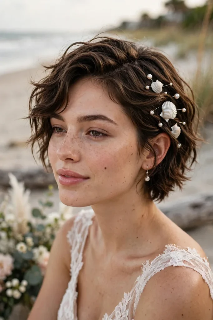 17 Wedding Hairstyles for Short Hair, Matched to Your Wedding Style 15 wedshort 14 beachy waves pearl shell pins