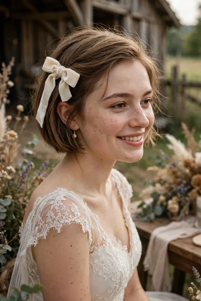 17 Wedding Hairstyles for Short Hair, Matched to Your Wedding Style 17 wedshort 16 effortless tucked bob bow