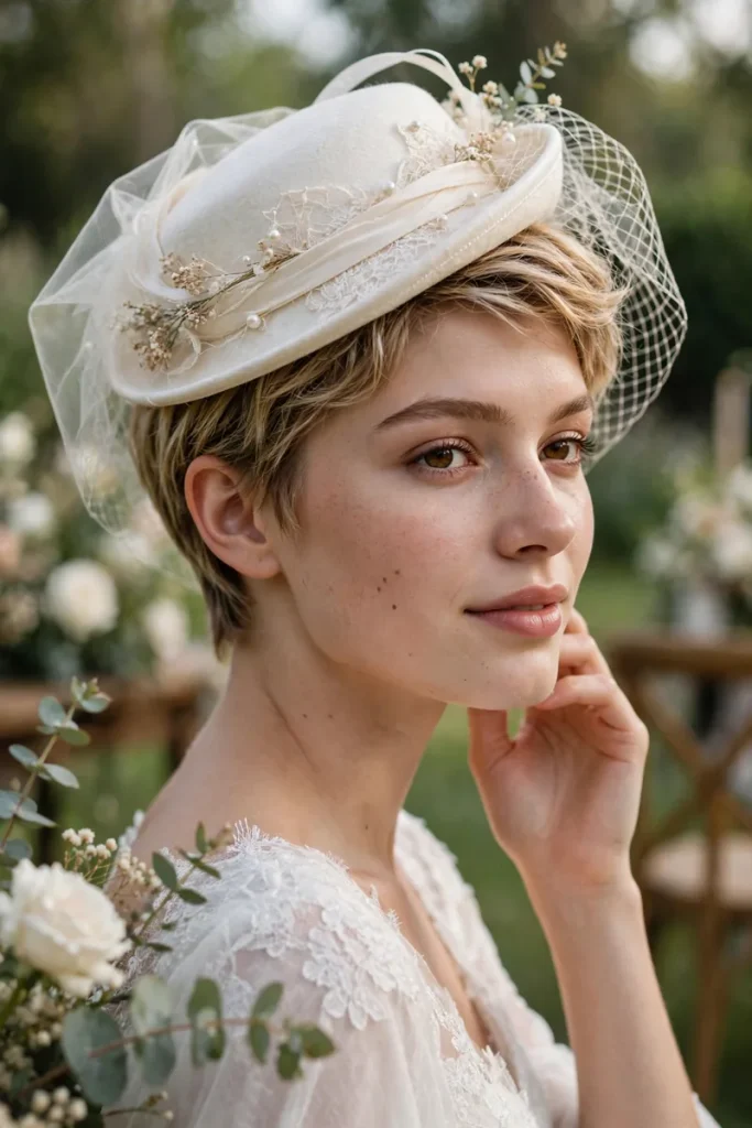 17 Wedding Hairstyles for Short Hair, Matched to Your Wedding Style 18 wedshort 17 short hair with hat