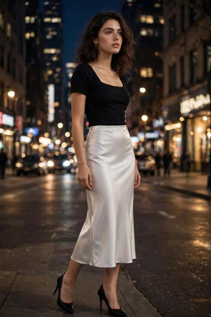 ws 03 white satin slip skirt black top heels