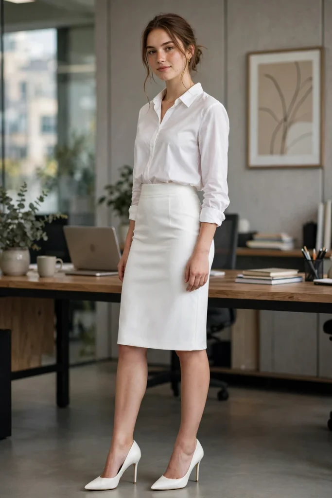 ws 10 white pencil skirt blouse heels