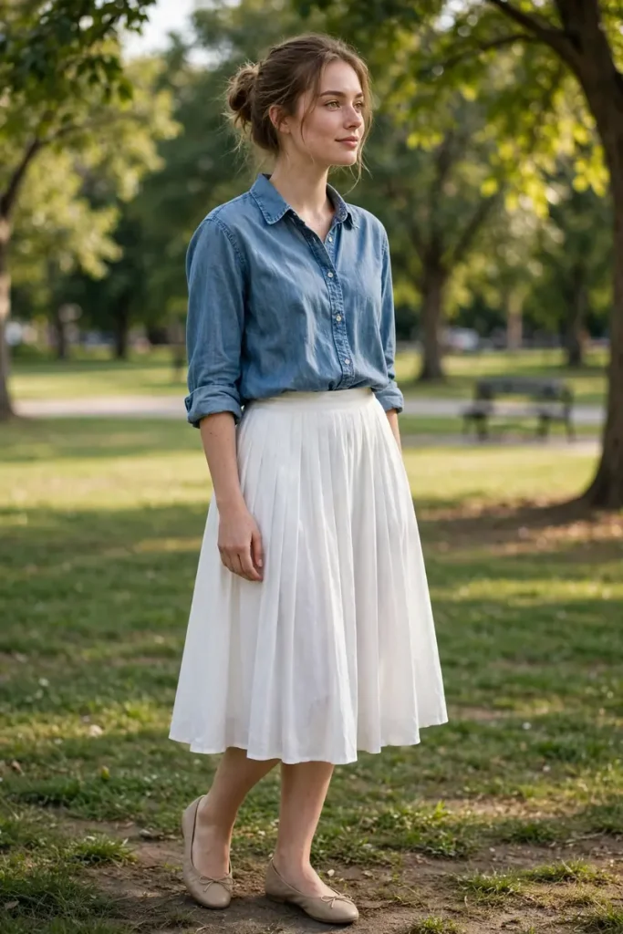 ws 11 white skirt chambray shirt flats