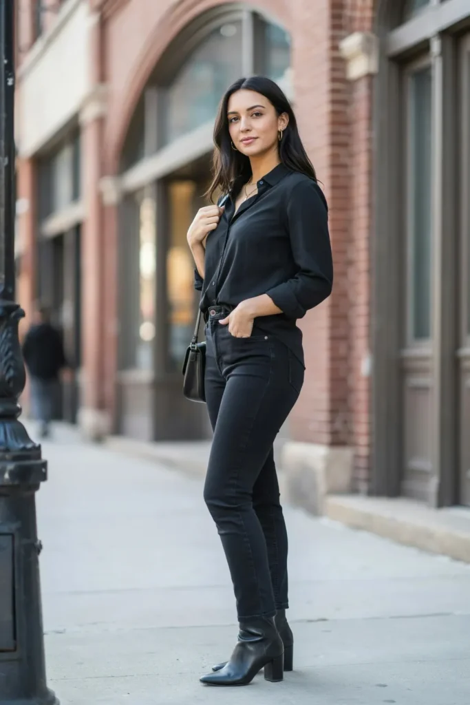 20 Black Outfit Ideas That Make Getting Dressed Feel Ridiculously Easy 7 Black Button Down Black Denim