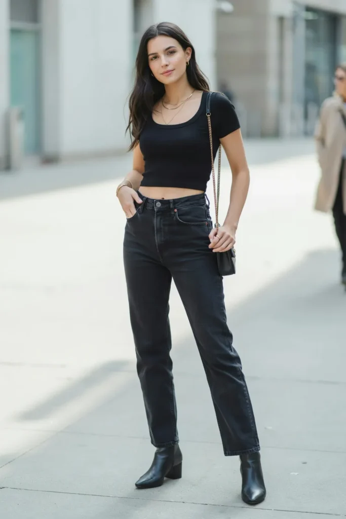 20 Black Outfit Ideas That Make Getting Dressed Feel Ridiculously Easy 12 Black Crop Top High Waisted Jeans