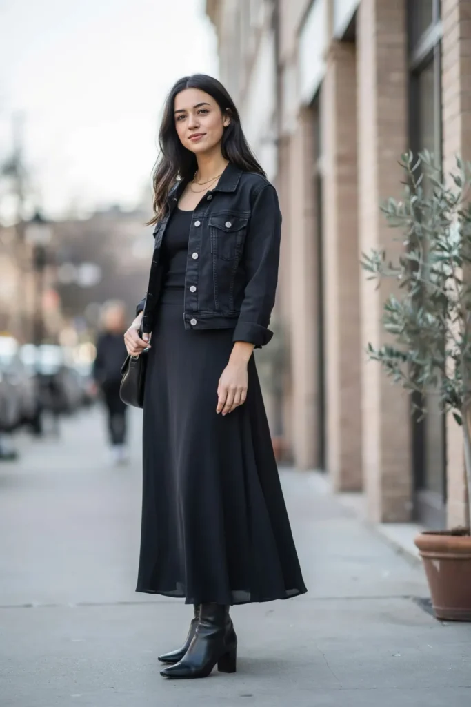 20 Black Outfit Ideas That Make Getting Dressed Feel Ridiculously Easy 19 Black Denim Jacket Maxi Skirt