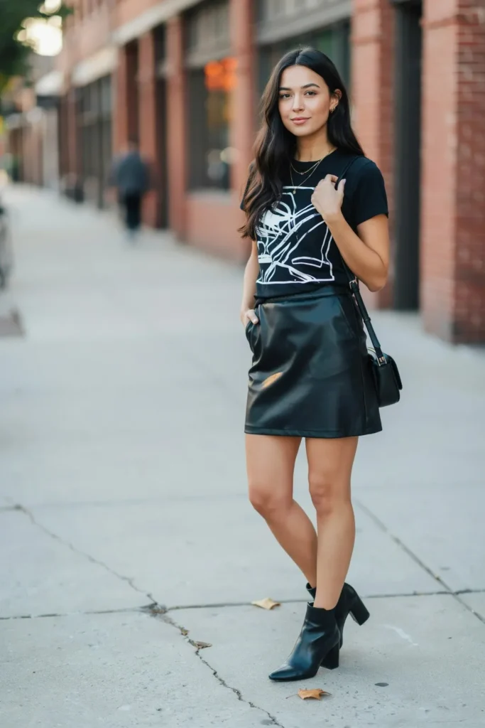 20 Black Outfit Ideas That Make Getting Dressed Feel Ridiculously Easy 16 Black Graphic Tee Leather Skirt