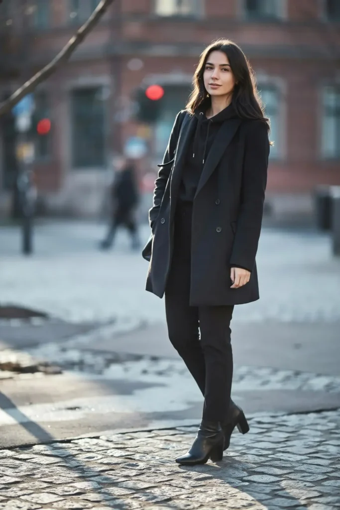 20 Black Outfit Ideas That Make Getting Dressed Feel Ridiculously Easy 6 Black Hoodie Tailored Coat