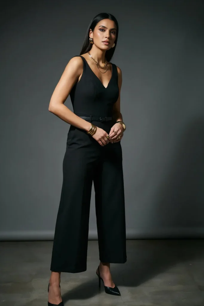 20 Black Outfit Ideas That Make Getting Dressed Feel Ridiculously Easy 14 Black Jumpsuit Gold Accessories